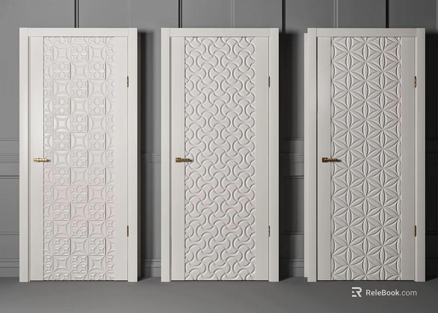 Shower Sauna Room Featuring Three White Doors With Different Decorative Patterns 3d model