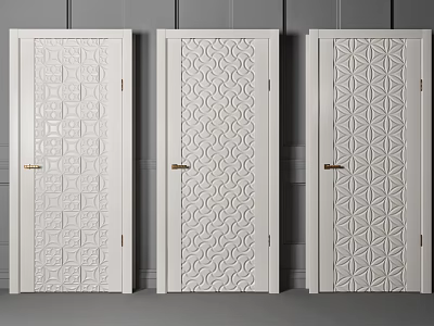 Shower Sauna Room Featuring Three White Doors With Different Decorative Patterns 3d model