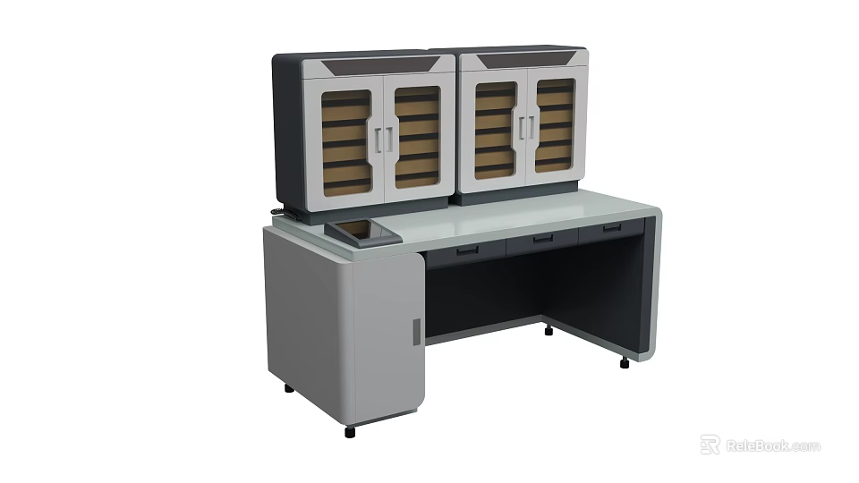Functional Desk With Glass Door Cabinets Multiple Shelves Drawers And Wheels 3d model 