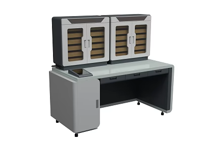 Functional Desk With Glass Door Cabinets Multiple Shelves Drawers And Wheels 3d model