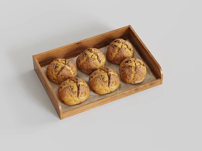 Six Fresh Round Brown Bread Rolls with Cracked Surface in Wooden Tray 3d model