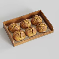 Six Fresh Round Brown Bread Rolls with Cracked Surface in Wooden Tray