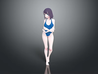 Anime Female Character With Purple Hair In Blue Swimsuit Standing On Gray Background 3d model