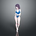 Anime Female Character With Purple Hair In Blue Swimsuit Standing On Gray Background