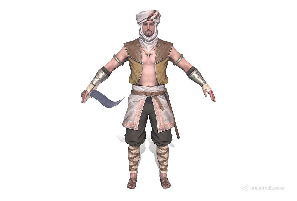 Male Character With Turban Brown Vest Arm Guards Waist Belt Sheath White Scarf And Sandals 3d model