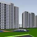 Modern High Rise Residential Buildings With Green Trees And Pedestrian Path
