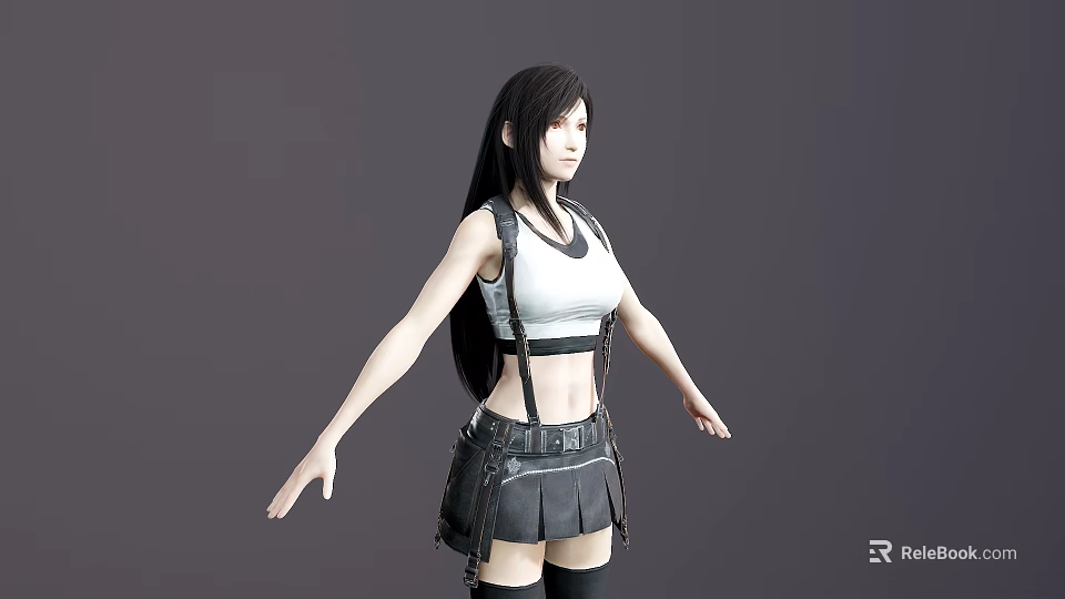 Woman In White Sleeveless Top And Black Pleated Suspender Skirt With Long Black Hair 3d model 