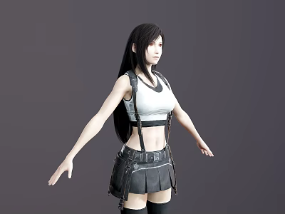 Woman In White Sleeveless Top And Black Pleated Suspender Skirt With Long Black Hair 3d model