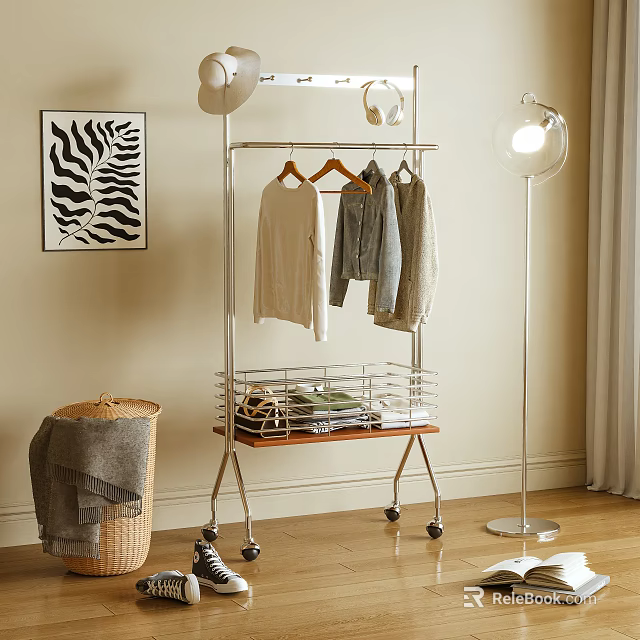 Metal Clothes Hanger with Wheels and Storage Shelf for Hanging Clothes in Modern Interior 3d model 