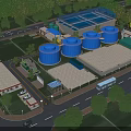 Industrial Plant With Blue Water Tanks Green Roof Surrounding Trees And Road With Vehicles