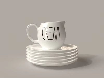 White Dinnerware Set with Cream Jug Featuring the Word CREAM and Stack of Plates 3d model