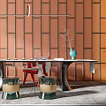 Tea Room With Orange Grid Wall Long Table Red Chairs Green Vase Lighting And Rug