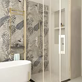 Tropical Plant Wallpaper Bathroom Interior With White Bathtub Golden Frame Mirror And Pendant Lights