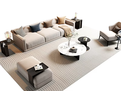 Modern Sofa And Coffee Table Set With Throw Pillows Blanket Round Marble Top And Ottoman 3d model