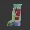 Ruined Red Brick Tower With Partial Wall Collapse And Green Plants At Base