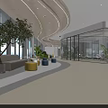 Modern Public Office Space With Large Windows Green Plants Sofa And Glass Partitions