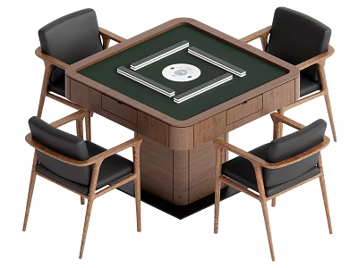 Square Mahjong Table With Green Surface And Wooden Frame And Four Black Seats 3d model