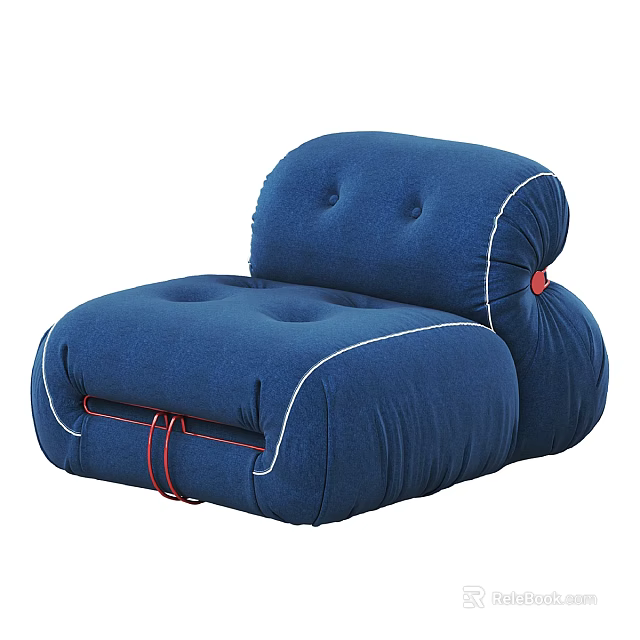 Modern Comfortable Blue Fabric Single Sofa Featuring Stitched Design And Red Straps 3d model 