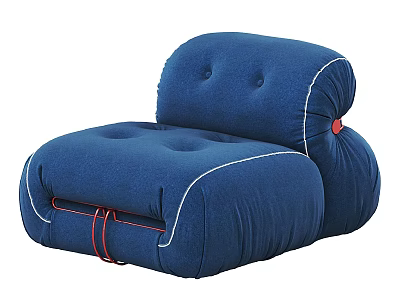 Modern Comfortable Blue Fabric Single Sofa Featuring Stitched Design And Red Straps 3d model