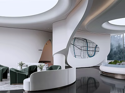 Modern Sales Office Interior Design With Curved Sofas And Green Plants 3d model