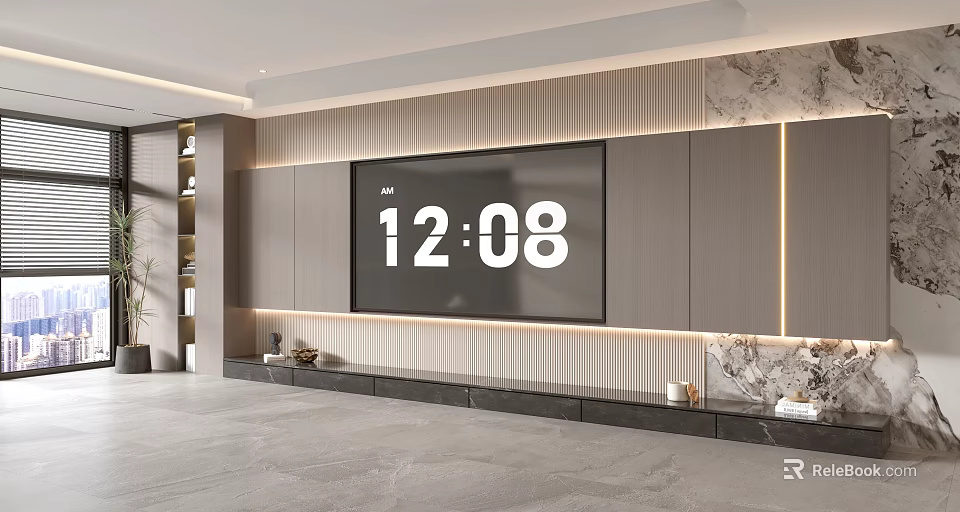 Modern Gray TV Wall Unit Design With Embedded TV Marble Accent And LED Lighting 3d model 