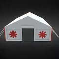 White Medical Tent With Red Cross Symbols On Sides And Front Door For Emergency Use