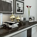 Elegant Console Table With Framed Black White Photos Table Lamp Vase And Candlesticks 3d model