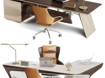 Modern Office Desk Setup With Ergonomic Chair Laptop Desk Lamp And Decorations 3d model