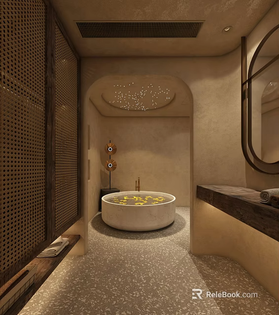 Serene Bathroom Interior With Round Concrete Bathtub Yellow Petals Warm Lighting Textured Walls And Mirror 3d model 