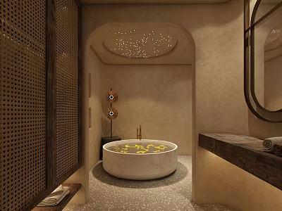Serene Bathroom Interior With Round Concrete Bathtub Yellow Petals Warm Lighting Textured Walls And Mirror 3d model