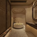 Serene Bathroom Interior With Round Concrete Bathtub Yellow Petals Warm Lighting Textured Walls And Mirror