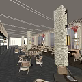 Modern Restaurant Interior With Wooden Accents Large Windows Hanging Red Flowers And Stone Columns