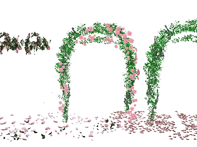 Lush Green Vines With Pink Flowers Decorating Garden Arches And Petals Scattered 3d model