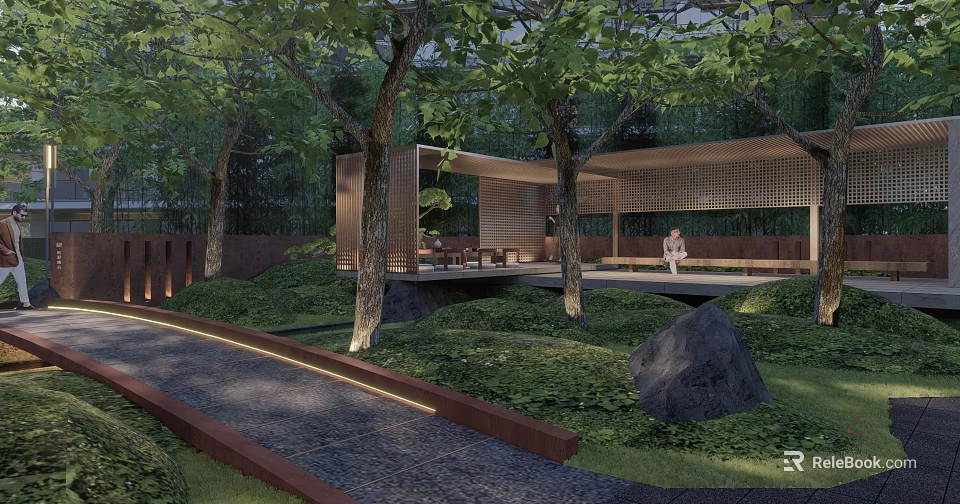 Wooden Garden Walls In Serene Landscape With Trees Lawn And Stone Pathway 3d model 