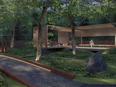 Wooden Garden Walls In Serene Landscape With Trees Lawn And Stone Pathway 3d model