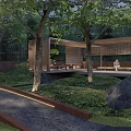Wooden Garden Walls In Serene Landscape With Trees Lawn And Stone Pathway