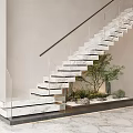 Modern Marble Staircase With Glass Railing Green Plants And Small Landscape In Interior