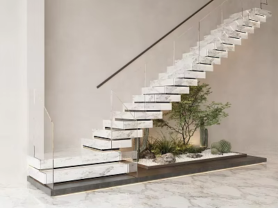 Modern Marble Staircase With Glass Railing Green Plants And Small Landscape In Interior 3d model