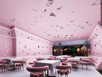 Pink Restaurant Interior With Geometric Decor On Ceiling Walls White Tables And Pink Chairs 3d model
