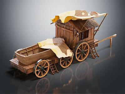Wooden Ancient Vehicle Model With Canopy Wheels And Carriage Structure Ladder 3d model