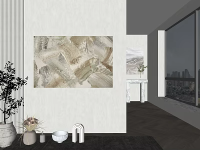 Modern Interior Featuring Abstract Painting Light Wall Decorative Items And City View 3d model