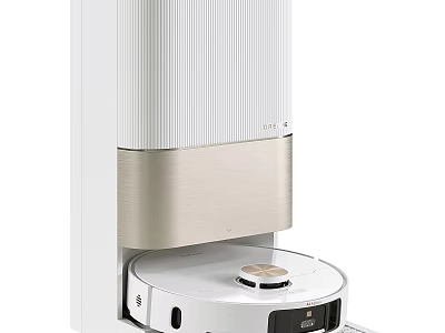 White Cleaning Robot With Gold Trim And Self Charging Base Design 3d model