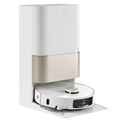 White Cleaning Robot With Gold Trim And Self Charging Base Design 3d model