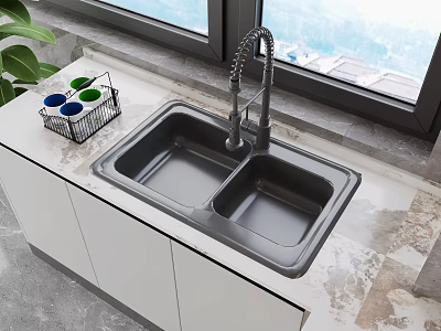 Modern Kitchen Faucet With Double Bowl Sink On Marble Countertop Near Window And Plant 3d model