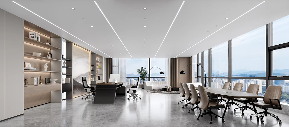 Modern Office Interior Design With Large Windows City View Desks Conference Table And Plants 3d model 