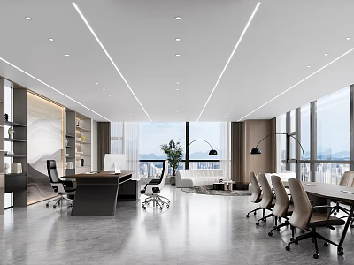 Modern Office Interior Design With Large Windows City View Desks Conference Table And Plants 3d model