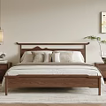 Minimalist Walnut Double Bed With Nightstands Table Lamp Green Plant And Pillows