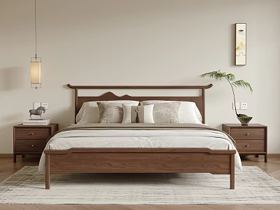 Minimalist Walnut Double Bed With Nightstands Table Lamp Green Plant And Pillows 3d model