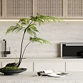 Decorative Bonsai Plant On Modern Kitchen Countertop With Perforated Cabinets And Open Magazine