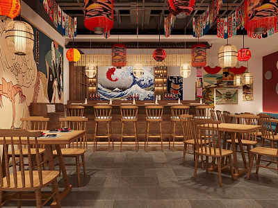 Traditional Chinese Restaurant Interior Design With Hanging Lanterns Wooden Tables Chairs And Mural Decor 3d model